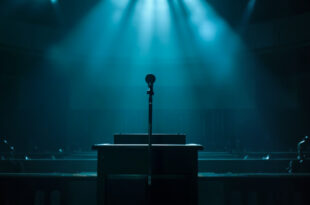 Empty parliamentary chamber at night after debate, with lone microphone on podium illuminated in blue and silver light