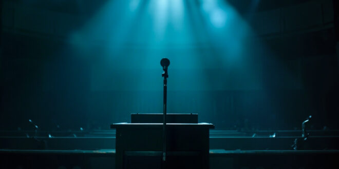 Empty parliamentary chamber at night after debate, with lone microphone on podium illuminated in blue and silver light