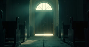Empty church building with security barriers at dawn, locked entrance doors visible in somber lighting