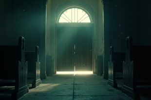 Empty church building with security barriers at dawn, locked entrance doors visible in somber lighting