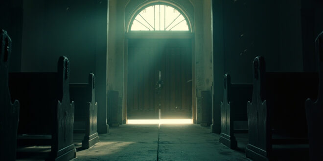 Empty church building with security barriers at dawn, locked entrance doors visible in somber lighting