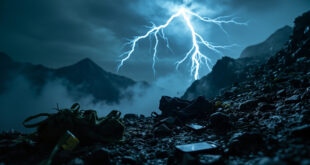 Abandoned hiking gear struck by lightning on stormy mountain summit at dusk, with dropped phone visible on rocky peak