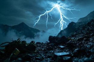 Abandoned hiking gear struck by lightning on stormy mountain summit at dusk, with dropped phone visible on rocky peak
