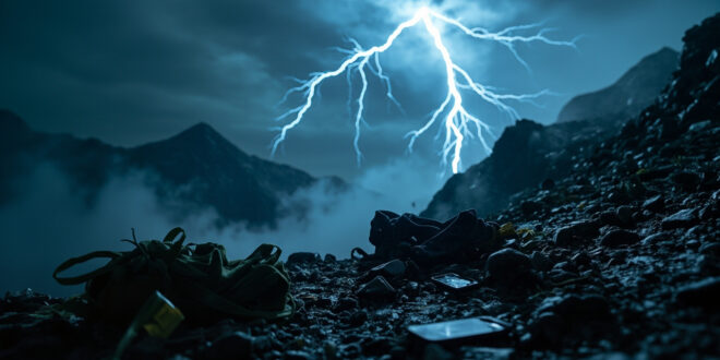 Abandoned hiking gear struck by lightning on stormy mountain summit at dusk, with dropped phone visible on rocky peak