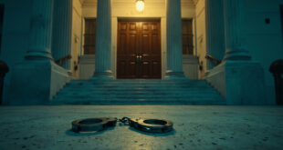 Abandoned handcuffs on marble steps of deserted federal courthouse, symbolic of immigration enforcement tensions