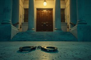 Abandoned handcuffs on marble steps of deserted federal courthouse, symbolic of immigration enforcement tensions