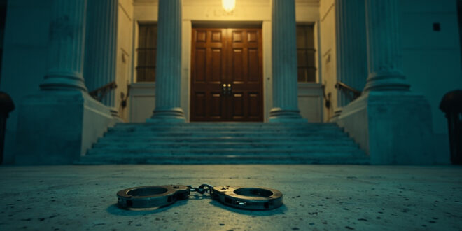 Abandoned handcuffs on marble steps of deserted federal courthouse, symbolic of immigration enforcement tensions