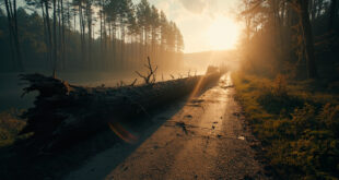 Massive fallen tree blocking a deserted cycling path beside a reservoir dam in misty conditions