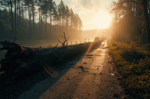 Massive fallen tree blocking a deserted cycling path beside a reservoir dam in misty conditions