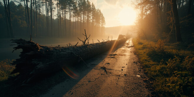 Massive fallen tree blocking a deserted cycling path beside a reservoir dam in misty conditions