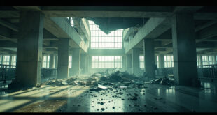 Collapsed airport ceiling with debris and shattered glass scattered across empty terminal floor in abandoned baggage claim area.