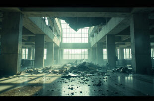 Collapsed airport ceiling with debris and shattered glass scattered across empty terminal floor in abandoned baggage claim area.