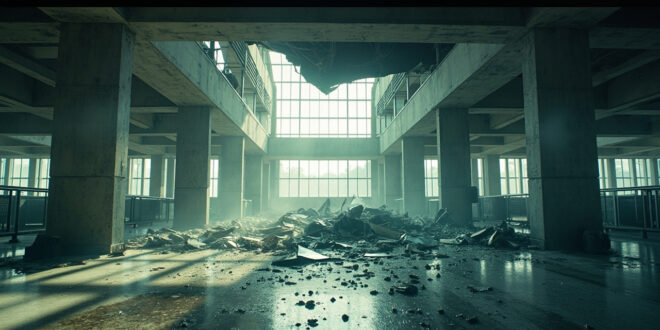 Collapsed airport ceiling with debris and shattered glass scattered across empty terminal floor in abandoned baggage claim area.