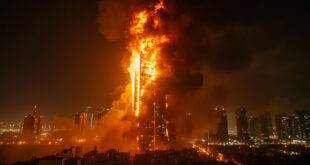 67-storey residential skyscraper engulfed in flames and black smoke against the dark Dubai Marina skyline at night