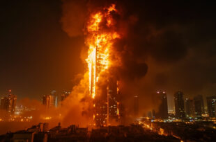 67-storey residential skyscraper engulfed in flames and black smoke against the dark Dubai Marina skyline at night