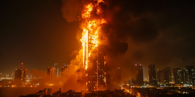 67-storey residential skyscraper engulfed in flames and black smoke against the dark Dubai Marina skyline at night