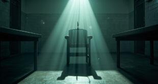 Empty execution chamber with scales of justice on judge's bench in sterile institutional facility