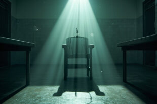Empty execution chamber with scales of justice on judge's bench in sterile institutional facility