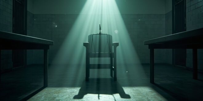Empty execution chamber with scales of justice on judge's bench in sterile institutional facility