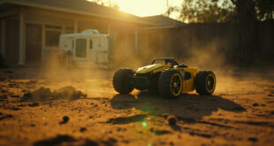 Overturned electric toy car near disturbed insect nest in empty backyard with medical equipment visible in background