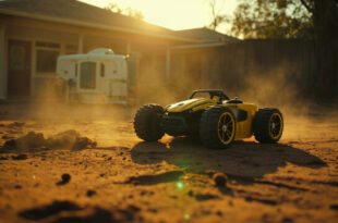 Overturned electric toy car near disturbed insect nest in empty backyard with medical equipment visible in background