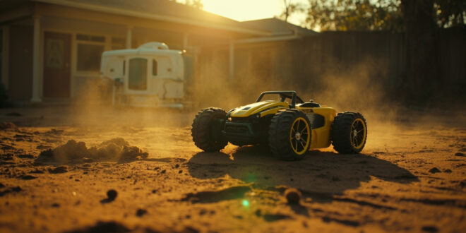 Overturned electric toy car near disturbed insect nest in empty backyard with medical equipment visible in background