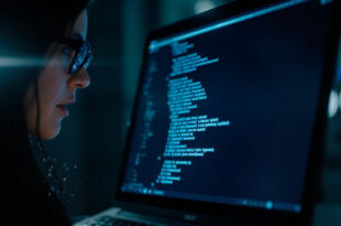 Glowing regex code pattern on dark computer screen in minimalist coding workspace with electric blue highlights