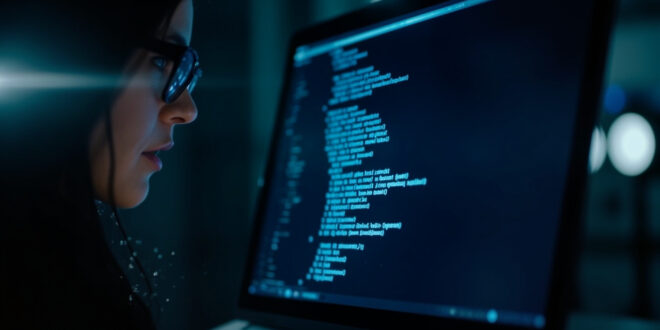 Glowing regex code pattern on dark computer screen in minimalist coding workspace with electric blue highlights