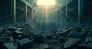 Damaged nuclear reactor dome with crater in abandoned nuclear complex at dawn, showing aftermath of destruction