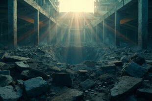 Damaged nuclear reactor dome with crater in abandoned nuclear complex at dawn, showing aftermath of destruction