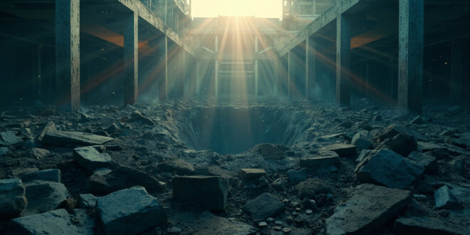 Damaged nuclear reactor dome with crater in abandoned nuclear complex at dawn, showing aftermath of destruction