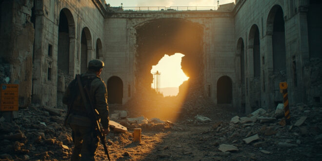 Destroyed nuclear reactor building with massive crater damage at an abandoned facility photographed at dawn