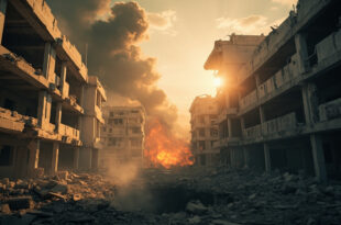 Smoke rises from damaged concrete buildings with broken windows in a war-torn urban landscape at dawn
