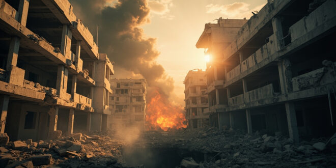 Smoke rises from damaged concrete buildings with broken windows in a war-torn urban landscape at dawn