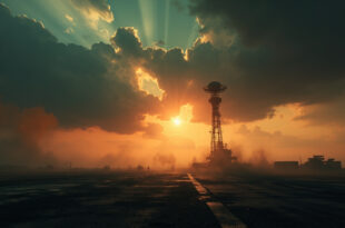 Solitary radar tower stands abandoned on desolate military airfield at dusk, dish pointing skyward under stormy skies