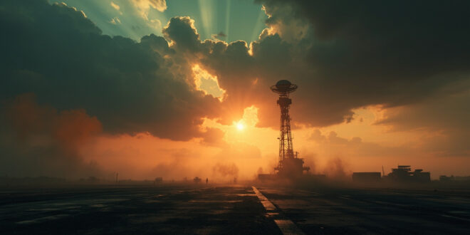 Solitary radar tower stands abandoned on desolate military airfield at dusk, dish pointing skyward under stormy skies