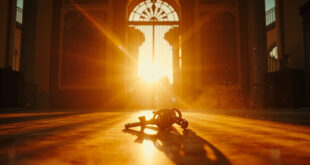 Empty luxury mansion with ornate iron gates in Hollywood hills at golden hour, with house keys on marble table