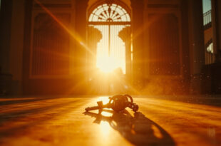 Empty luxury mansion with ornate iron gates in Hollywood hills at golden hour, with house keys on marble table