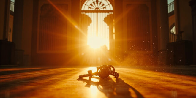 Empty luxury mansion with ornate iron gates in Hollywood hills at golden hour, with house keys on marble table
