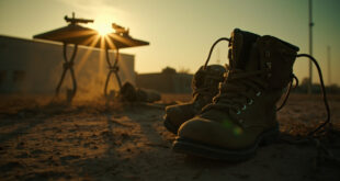 Empty combat boots and abandoned tactical equipment on metal table at a deserted military compound at dusk