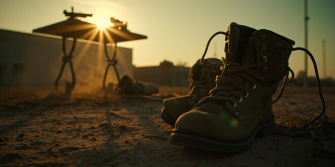 Empty combat boots and abandoned tactical equipment on metal table at a deserted military compound at dusk