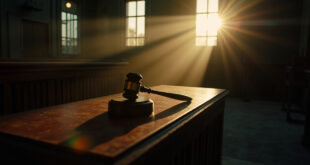 Solitary wooden gavel rests on empty judge's bench in abandoned courthouse at dusk, symbolizing pending justice
