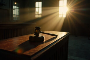 Solitary wooden gavel rests on empty judge's bench in abandoned courthouse at dusk, symbolizing pending justice