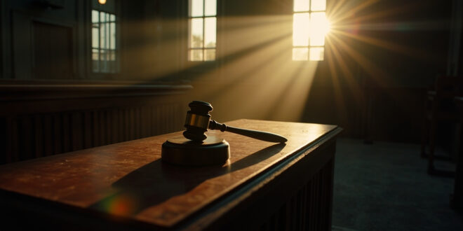 Solitary wooden gavel rests on empty judge's bench in abandoned courthouse at dusk, symbolizing pending justice