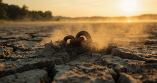 Abandoned rusty chain exposed in the cracked, dried riverbed of a major German river during extreme drought