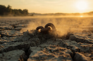Abandoned rusty chain exposed in the cracked, dried riverbed of a major German river during extreme drought