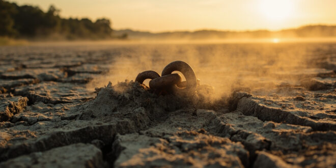 Abandoned rusty chain exposed in the cracked, dried riverbed of a major German river during extreme drought