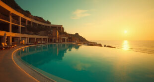 Abandoned luxury Italian resort with empty infinity pool and untouched loungers at sunset overlooking Mediterranean