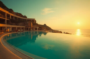 Abandoned luxury Italian resort with empty infinity pool and untouched loungers at sunset overlooking Mediterranean