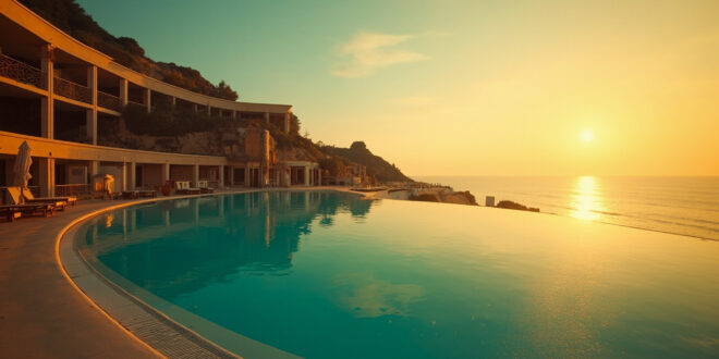 Abandoned luxury Italian resort with empty infinity pool and untouched loungers at sunset overlooking Mediterranean